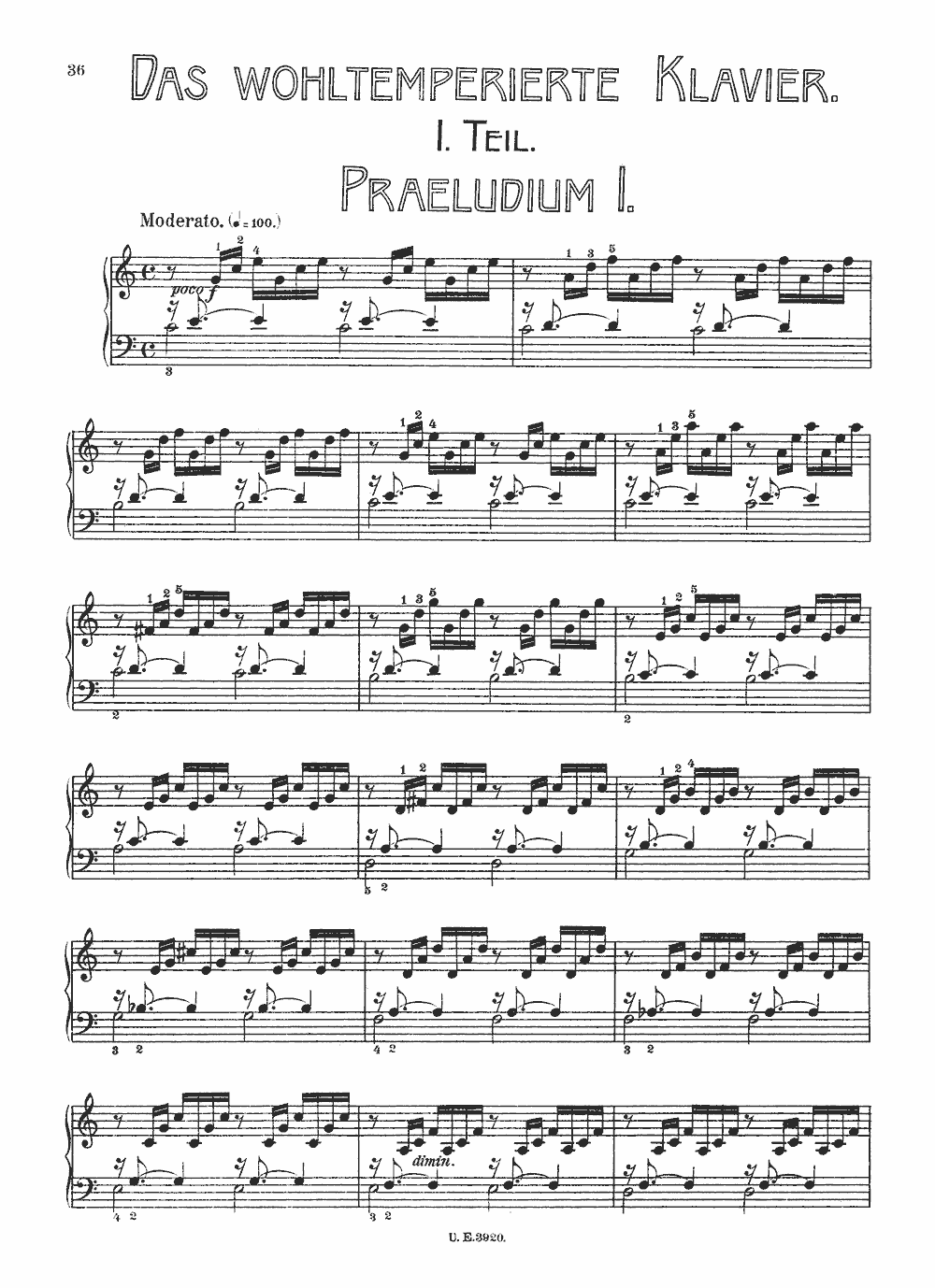 An A4 scan of page 36 of a Universal Edition print of Bach's Prelude in C, plate U. E. 3920, shown fit to the screen as a PDF reader would